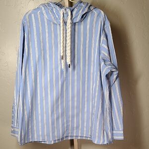 AKNVAS Blue Striped 100% Cotton Half Zip Hoodie Shirt M Made in USA Oversized